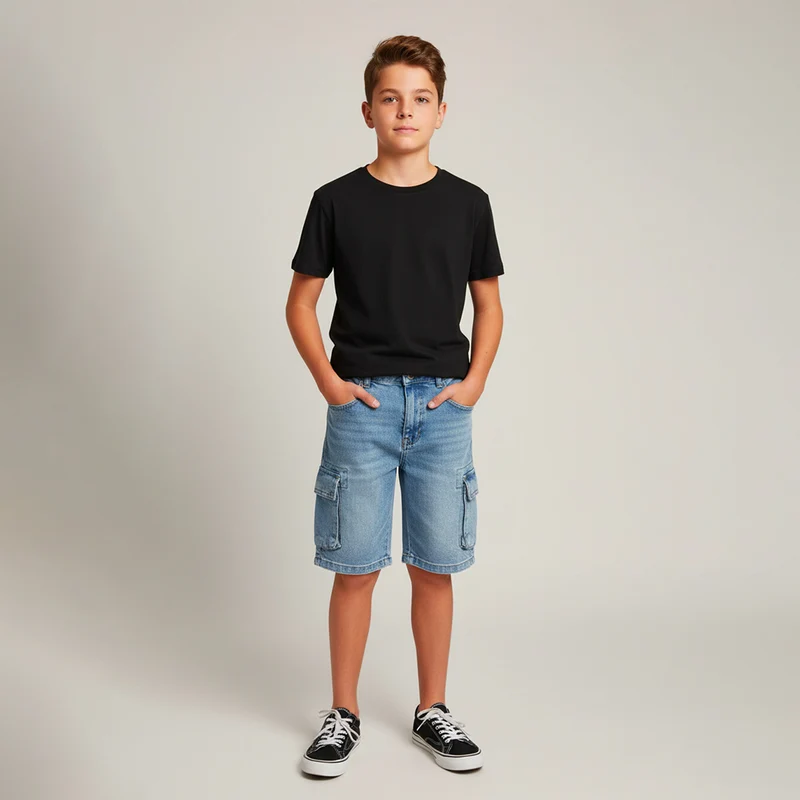 Bermuda Cargo Jeans Azul com Botão e Ziper Playground Masculina 12