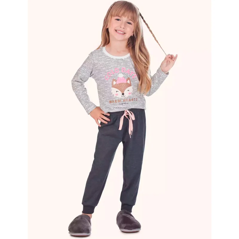 Pijama Manga Longa Com Estampa Feminina MagiaMix- Branco e Cinza 06