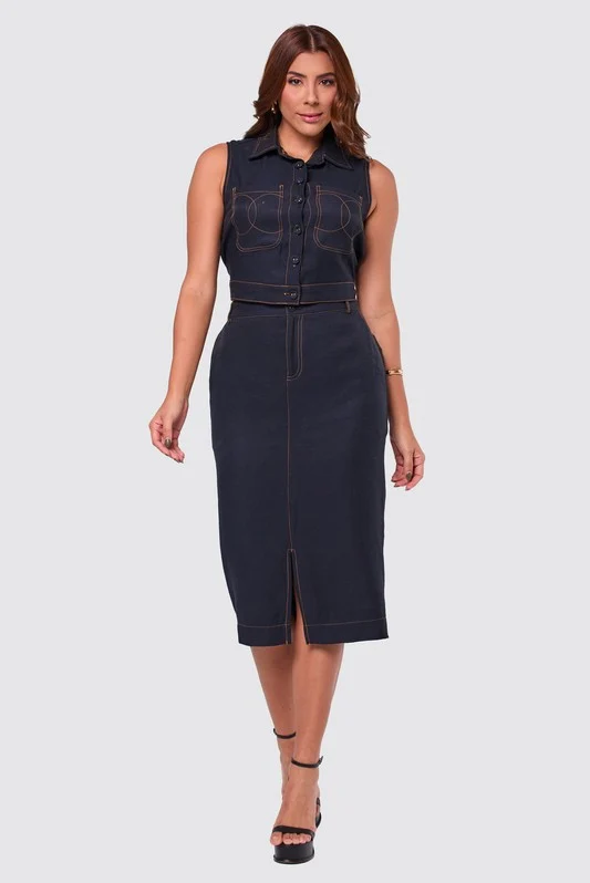 Conjunto Blusa Com Gola E Saia Midi PRETO / 44