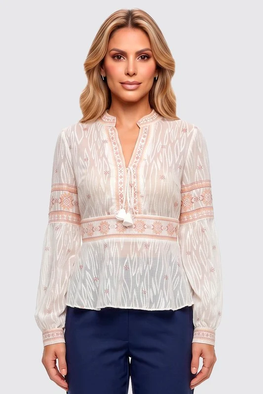 Blusa Com Manga Longa E Amarracao ESTAMPADO / OFF WHITE / 36