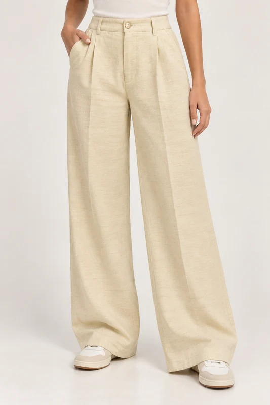 Calça de Linho Wide Leg Max Denim Feminina - Areia 42