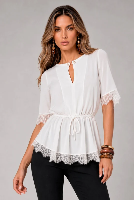 Blusa Com Renda Aplicada Na Manga E Barra OFF WHITE / 40