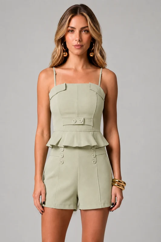 Conjunto Blusa Peplum Com Recortes E Short Curto VERDE CLARO / 40