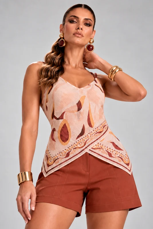 Conjunto Blusa Assimetrica Com Camadas E Short ESTAMPADO / 44