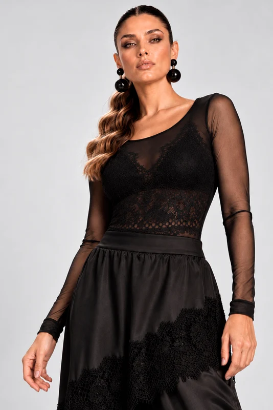 Blusa Manga Longa Com Renda PRETO / G