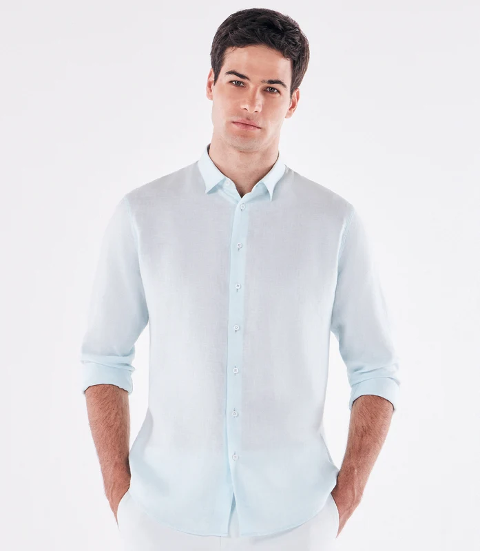 Camisa de Linho Básica Manga Longa Azul Azul / 39