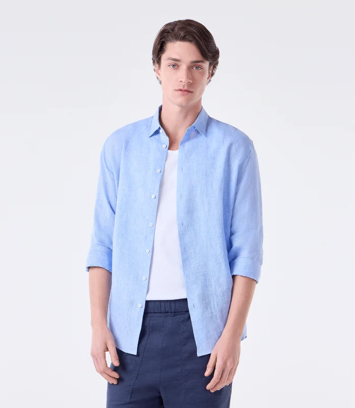 Camisa Linho Manga Longa Fio Tinto Azul Azul / 41