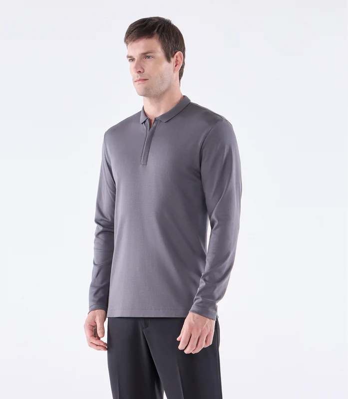 Camisa Polo Pima Zíper Manga Longa Cinza Cinza / 6