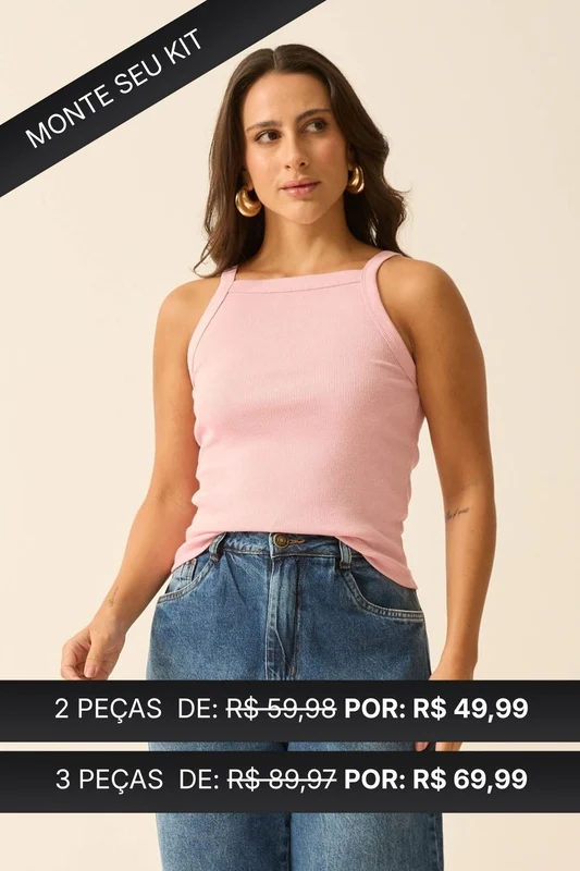 REGATA COM DECOTE QUADRADO EM RIBANA ROSA QUARTZ ROSA QUARTZ / PP
