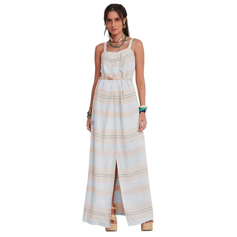 Vestido Ilicito Longo Listrado Azul Claro Feminino M / Azul