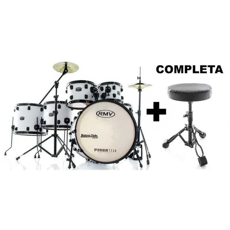 Bateria Rmv Fibertech Silky Branca Completa 22,10,12,14,16 Com Banco, Pratos E Ferragens