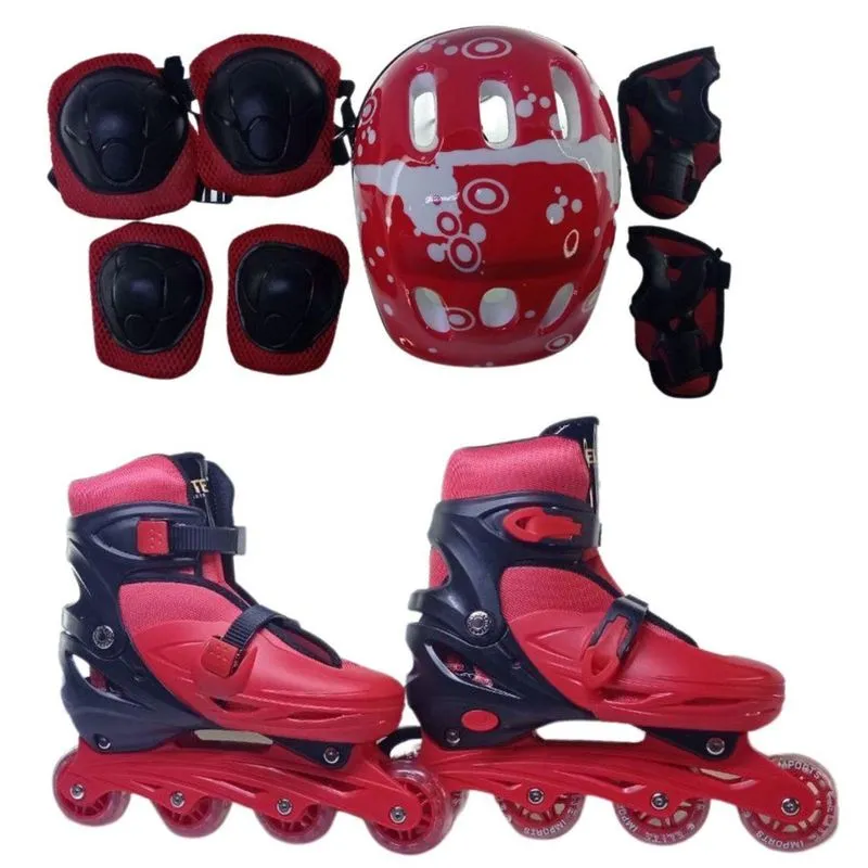 Patins Roller De 4 Rodas Vermelho + Kit De Proteção Tm:28/31