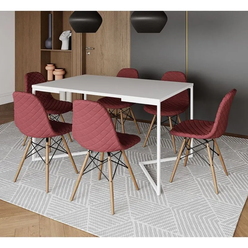 Mesa Jantar Industrial Branca Base V Aço Branco 137x90cm 6 Cadeiras Madeira Estofadas Vermelhas