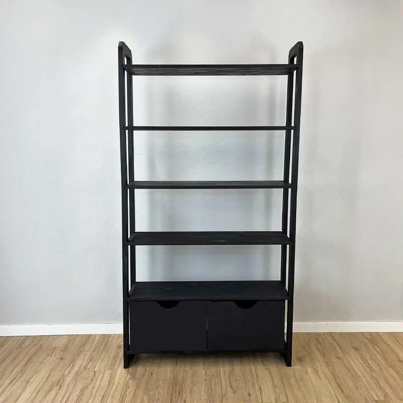 Estante De Madeira Pinus Linea Ample 6 Prateleiras Com Gavetas Preto Artfactory Design