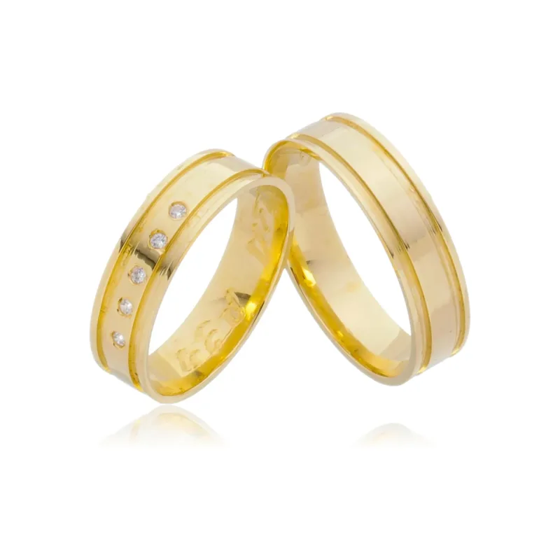 Par de Alianças de Casamento de Ouro 18K Anatômico 5mm + Anel Solitário Brinde