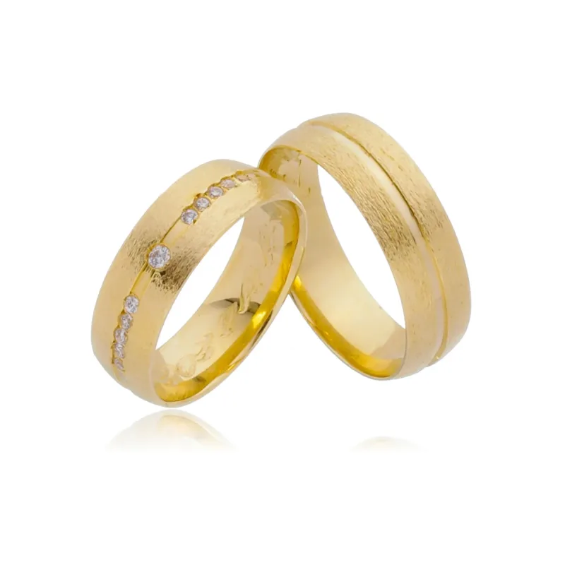 Par de Alianças de Casamento de Ouro 18K Anatômico 6mm + Anel Solitário Brinde