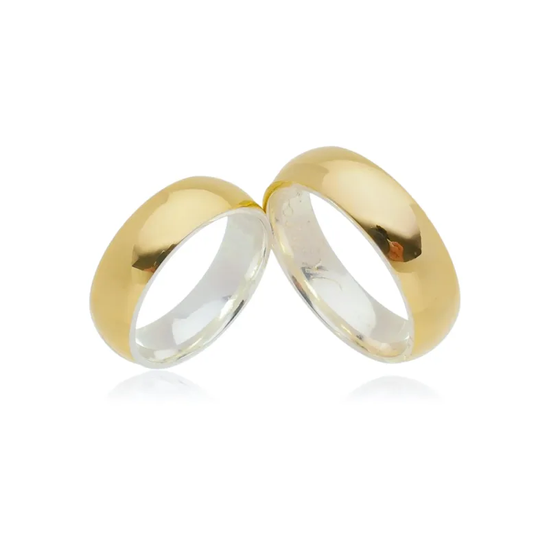 Par de Alianças Prata com Ouro para Casamento 6mm + Anel Solitário Brinde