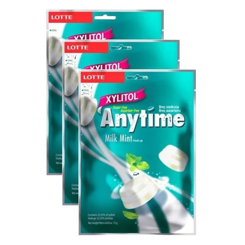 3 Bala Diet Anytime Sabor Leite E Menta Milk Mint Lotte 74g