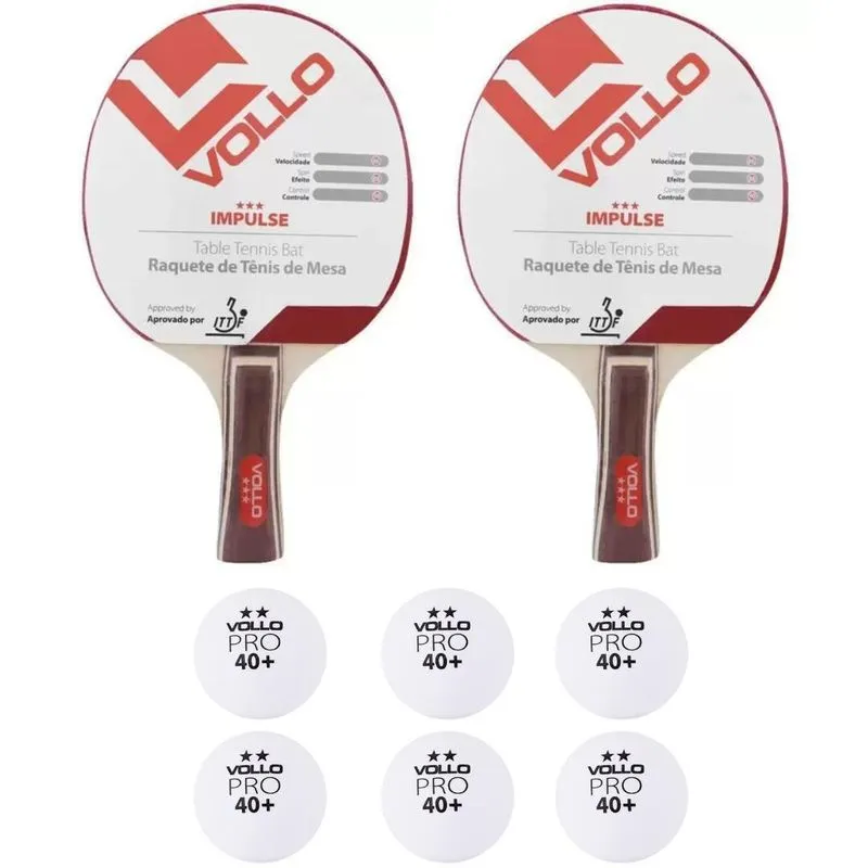 Kit C/2 Raquetes Ping Pong Impulse + 6 Bolas Ping Pong Vollo