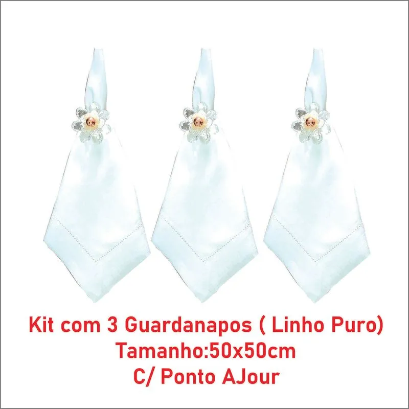Kit Com 3 Guardanapos Puro Linho 50x50cm Branco