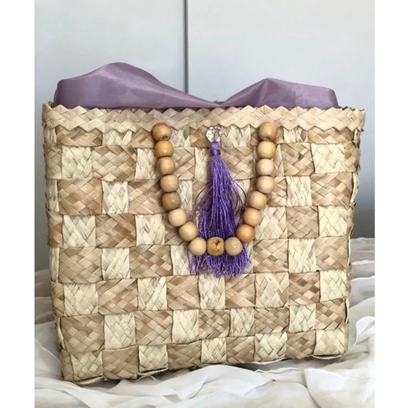 Bolsa De Mão Palha Carnaúba Trançada Alça Madeira Lilas