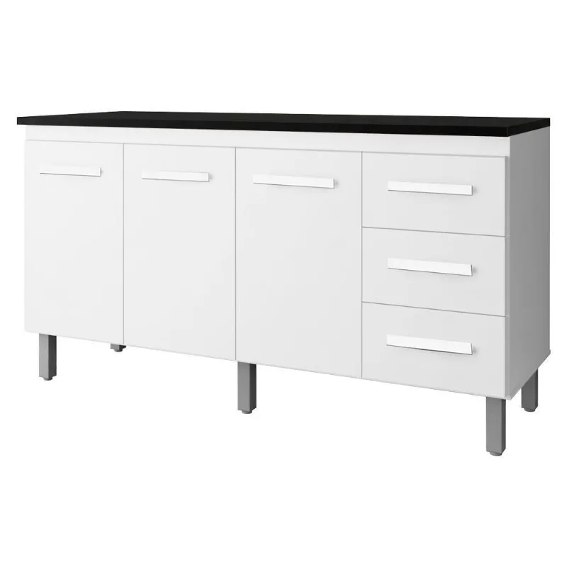 Balcão com Tampo para Cozinha Emily 9140 3 Portas 3 Gavetas MDP 158cm Branco Preto Moblis Móveis