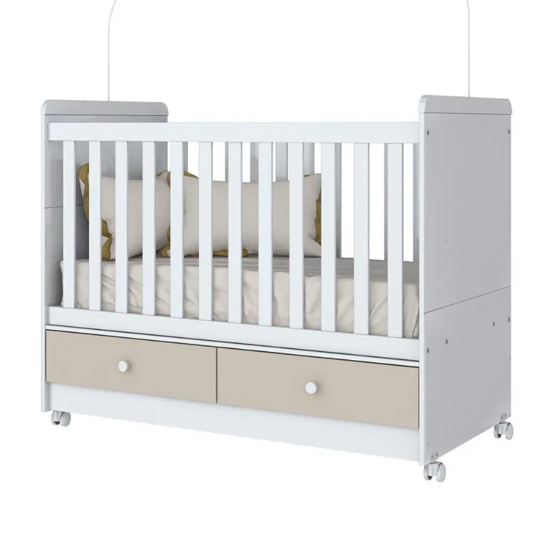 Berço Móveis Henn Aquarela Flex 3 em 1 com 2 Gavetas Branco com Cristal