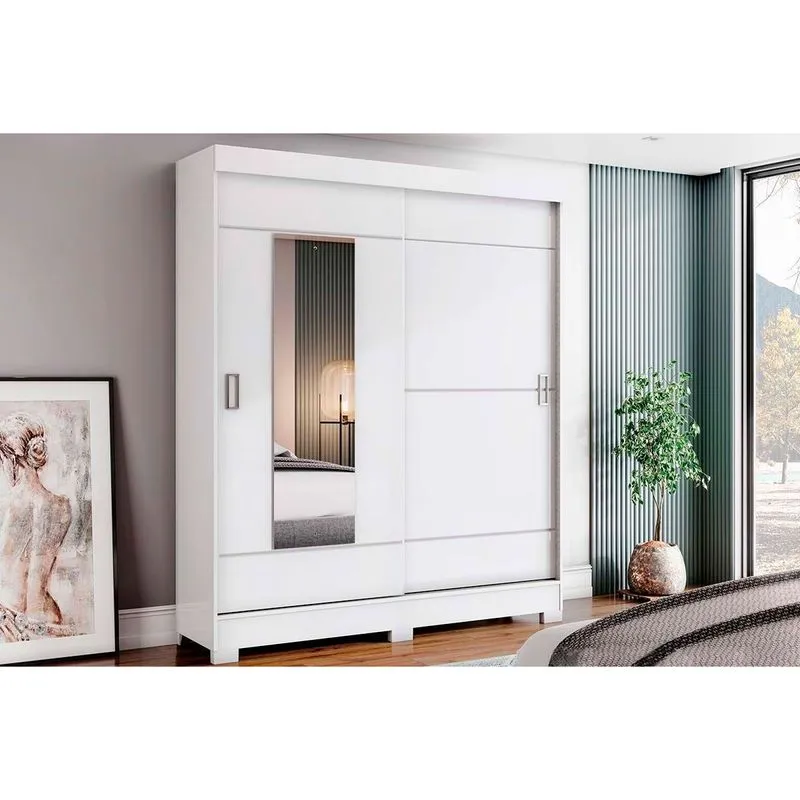 Guarda Roupa Solteiro 2 Portas de Correr (1 c/ Espelho) e 2 Gavetas c/ Pés Briz B66 Branco - Henn