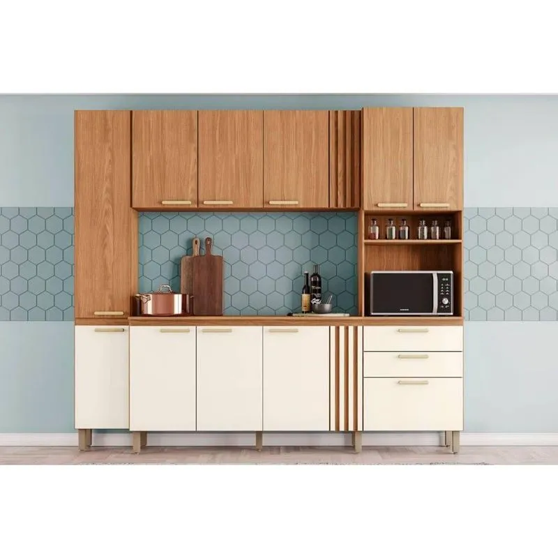 Kit De Cozinha Compacta B126 11 Portas E 2 Gavetas 236cm Nature/off White - Henn