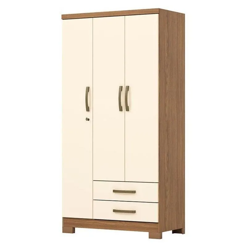 Guarda Roupa Solteiro Açai 3 Portas 2 Gavetas Com Chave Nature Off White - Henn
