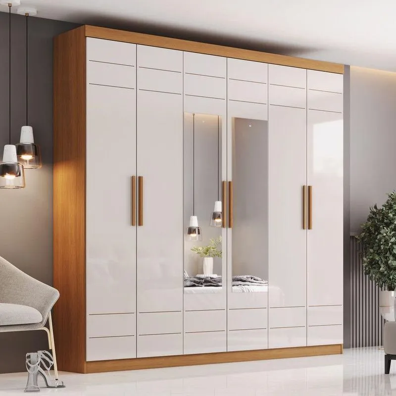 Guarda Roupa Casal Flora 6 Portas De Bater Com Espelhos 3 Gavetas Mdp Cinamomo-Off White