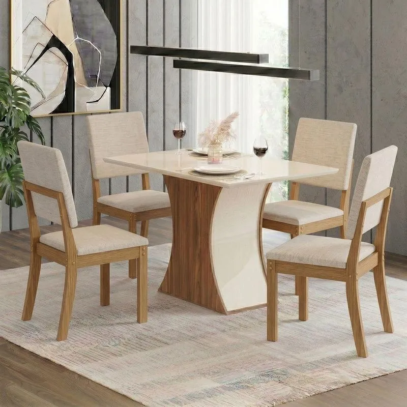 Conjunto Sala de Jantar Layla Trend 4 Lugares Tampo MDF Cadeiras Estofadas Off White 120CM Casa 812