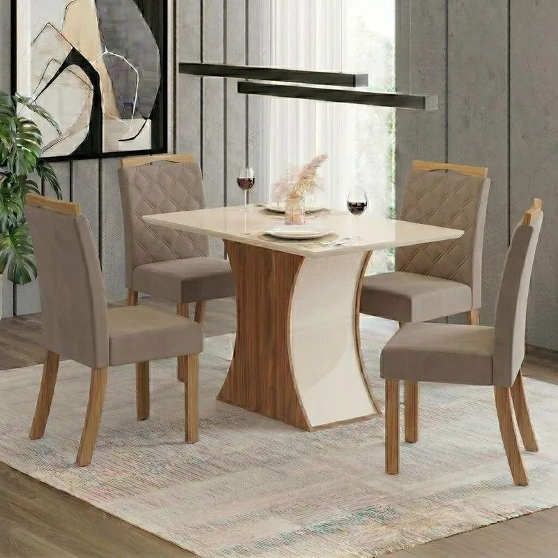 Conjunto Sala de Jantar Layla Confort 4 Lugares Tampo MDF Suede Amêndoa 120CM Casa 812