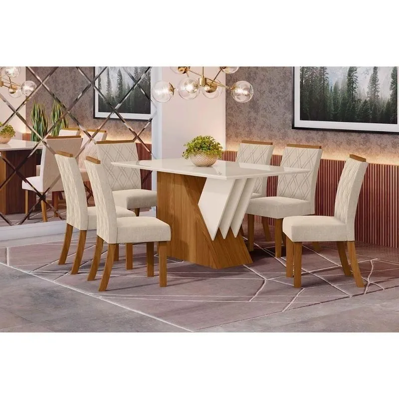 Conjunto Mesa De Cozinha Epic Tampo Madeirado Com Vidro 160x90cm E 6 Cadeiras Vita Nature Linho Henn