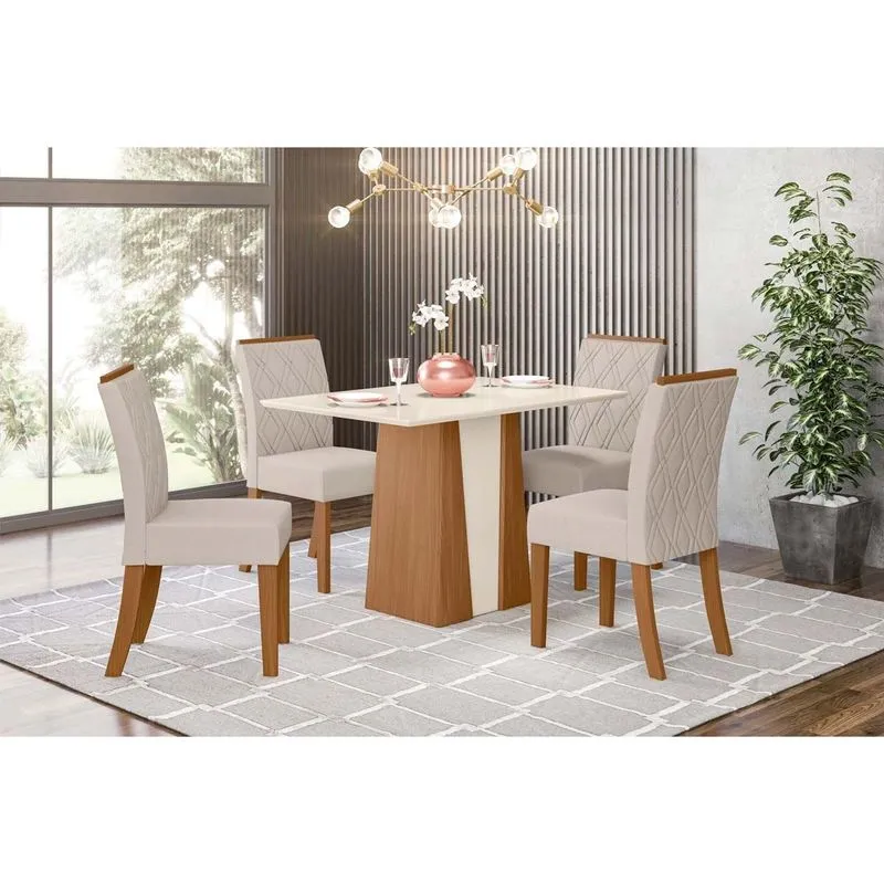 Conjunto: Mesa de Cozinha Orus c/ Tampo Madeirado 120x80cm e 4 Cadeiras Vita Nature/Off White - Linho Bege - Henn