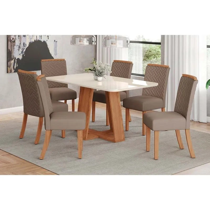 Conjunto: Mesa Sala Jantar Lins c/ Tampo Madeirado c/ Vidro Curvo 160x90cm e 6 Cadeiras Malu Nature/Suede Light Marrom Amendoa - Henn