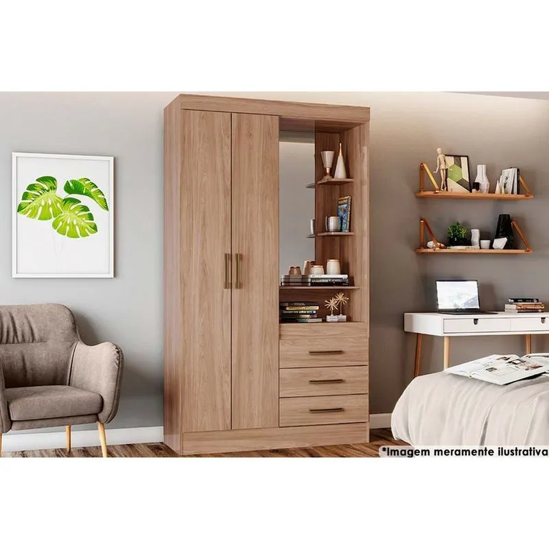 Guarda Roupa 2 Portas e 3 Gavetas c/ 1 Espelho Briz B64 Jequitibá - Henn