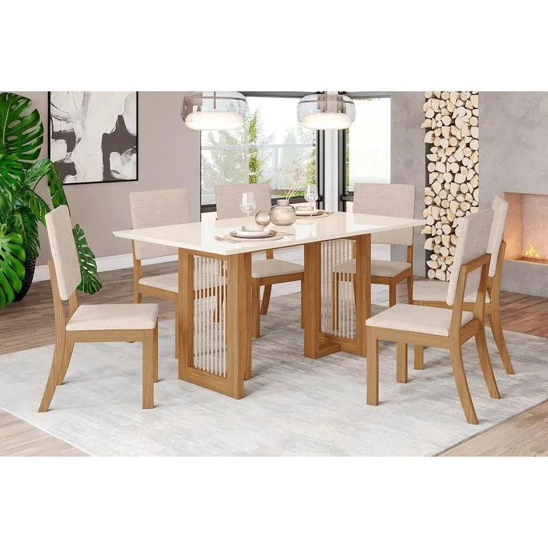 Sala De Jantar Completa Yara Sc79 Tampo Madeirado C/ Vidro Canto Curvo 160x90cm E 6 Cadeiras Milla Nature/veludo Light Linho - Henn