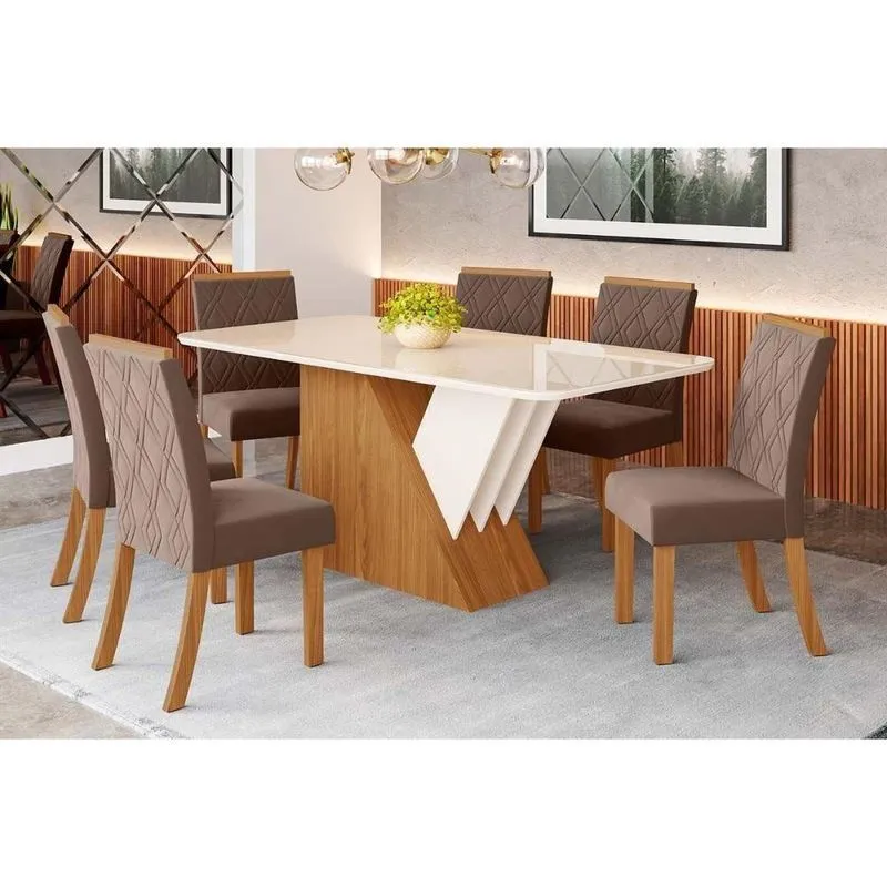 Sala De Jantar Completa épic Sc24 Tampo Madeirado c- Vidro Canto Curvo 160x90cm E 6 Cadeiras Vita Nature-veludo Light Bege - Henn