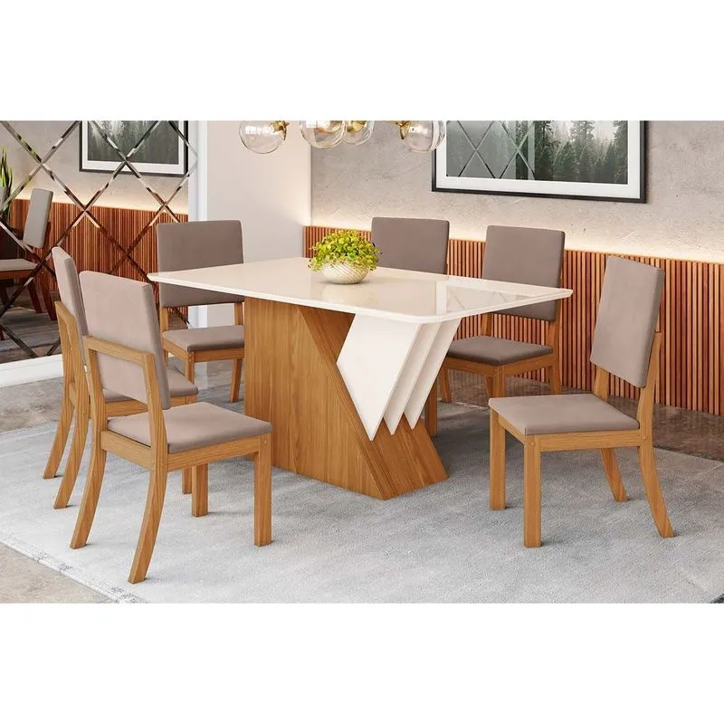 Sala de Jantar Completa Épic SC24 Tampo Madeirado c/ Vidro Canto Curvo 160x90cm e 6 Cadeiras Milla Nature/Suede Light Marrom Amêndoa - Henn