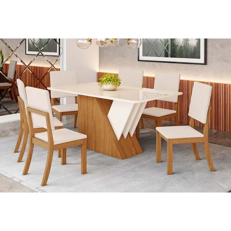 Sala de Jantar Completa Épic SC24 Tampo Madeirado c/ Vidro Canto Curvo 160x90cm e 6 Cadeiras Milla Nature/Suede Light Linho - Henn