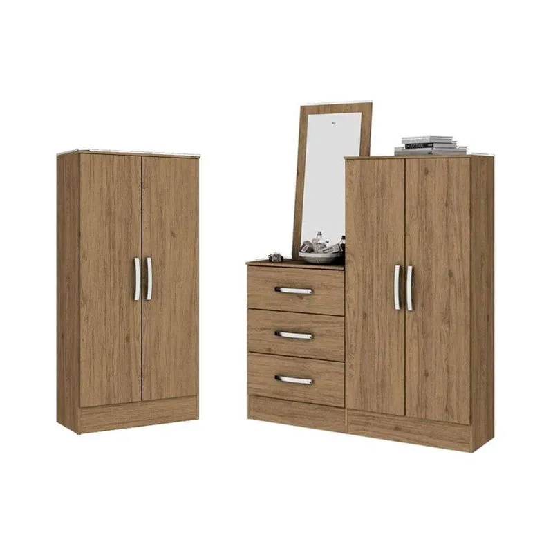 Armário Multiuso Casal Briz B14 4 Portas + Cômoda 3 Gavetas c/ Espelho B700 Rústico - Henn