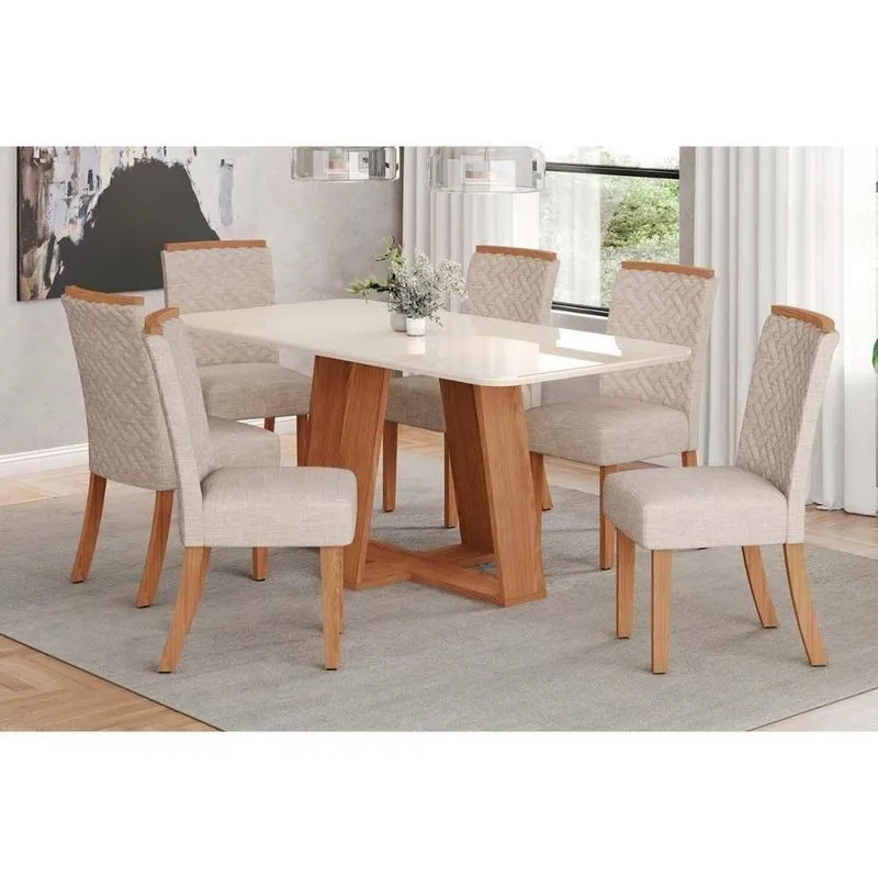 Sala De Jantar Completa Lins c- Tampo Madeirado c- Vidro Curvo 180x90cm E 6 Cadeiras Malu Nature-veludo Light Linho - Henn