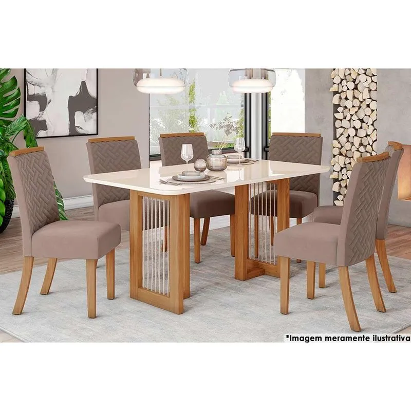 Sala De Jantar Completa Yara C/ Tampo Madeirado C/ Vidro Curvo 160x90cm E 6 Cadeiras Malu Nature/marrom Amêndoa - Henn
