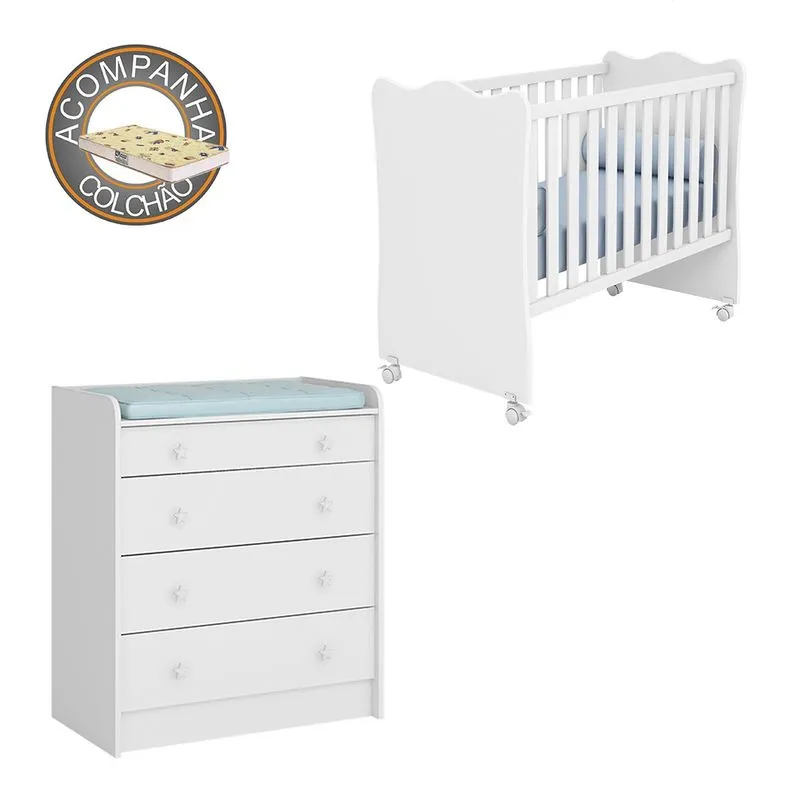 Quarto de Bebê Doce Sonho Cômoda 2523 + Berço 1 Qmovi Branco com Colchão Gazin
