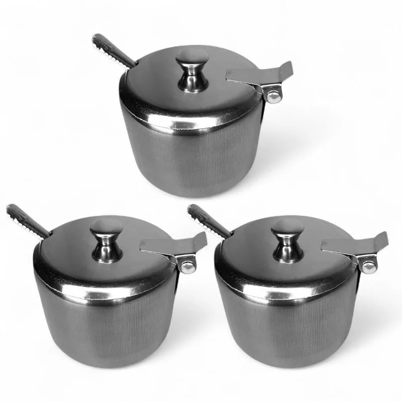 Kit 3 Açucareiros De Mesa Em Inox Com Colher E Tampa 200ml