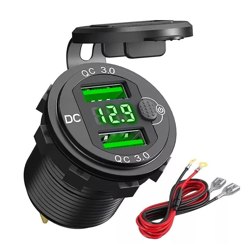 Tomada Usb Aluminium Preto Led Verde 2 Saídas Qc3.0 On/off