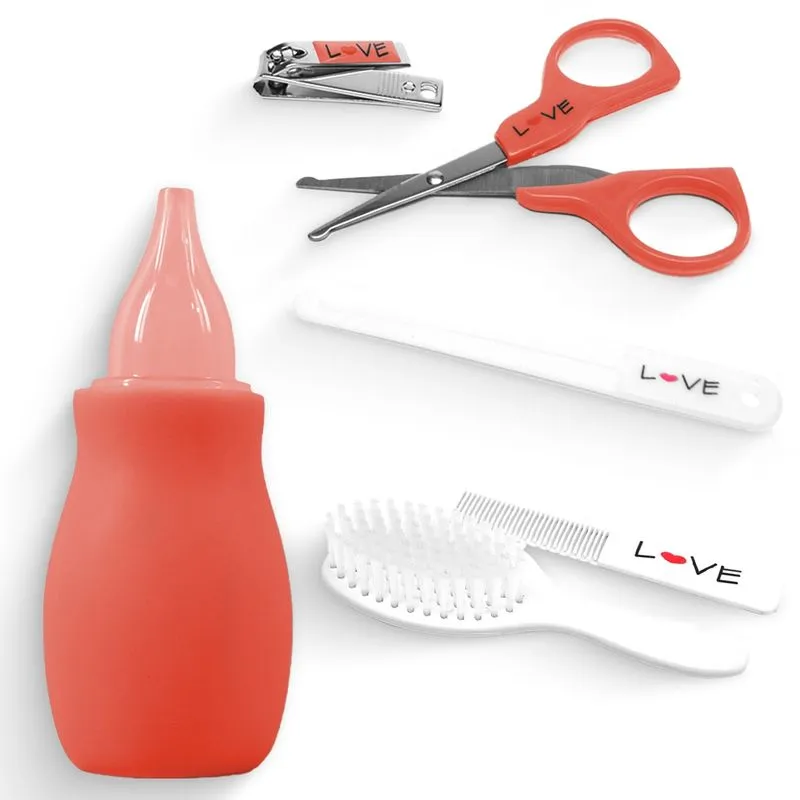 Kit Baby Tesoura, Cortador Unha, Pente, Aspirador Nasal Love Rosa