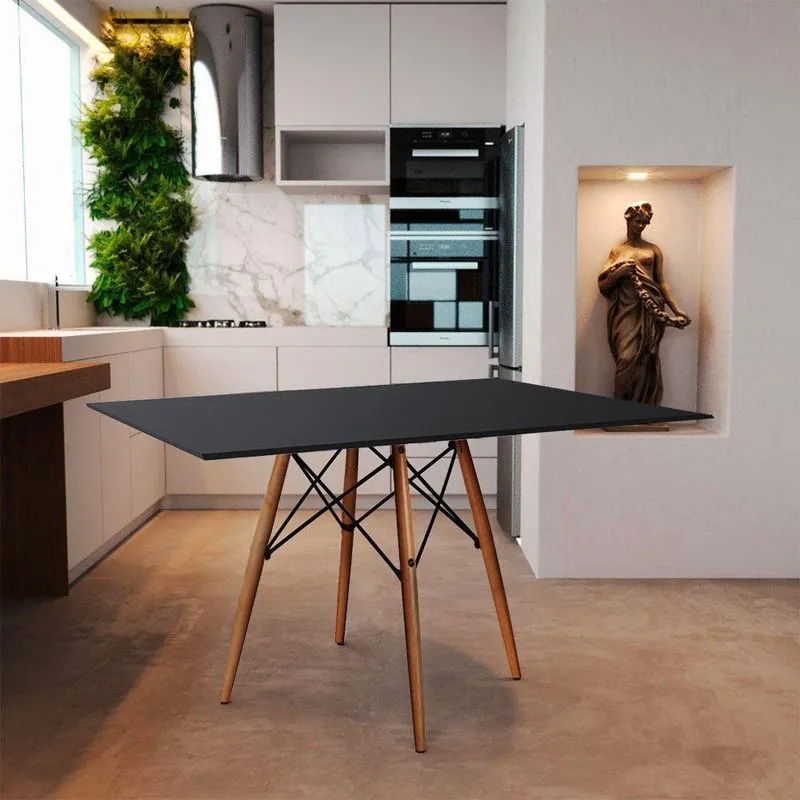 Mesa De Jantar Retangular Eames Eiffel Preta 120x75cm Base Madeira Preto