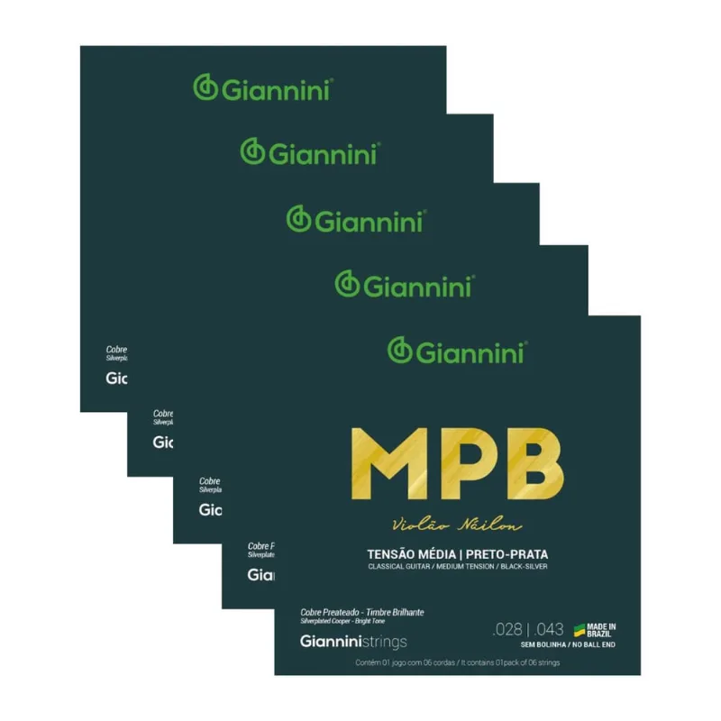 Kit 5 Encordoamento Violão Giannini mpb genwbs Nylon Preto-Prata Média